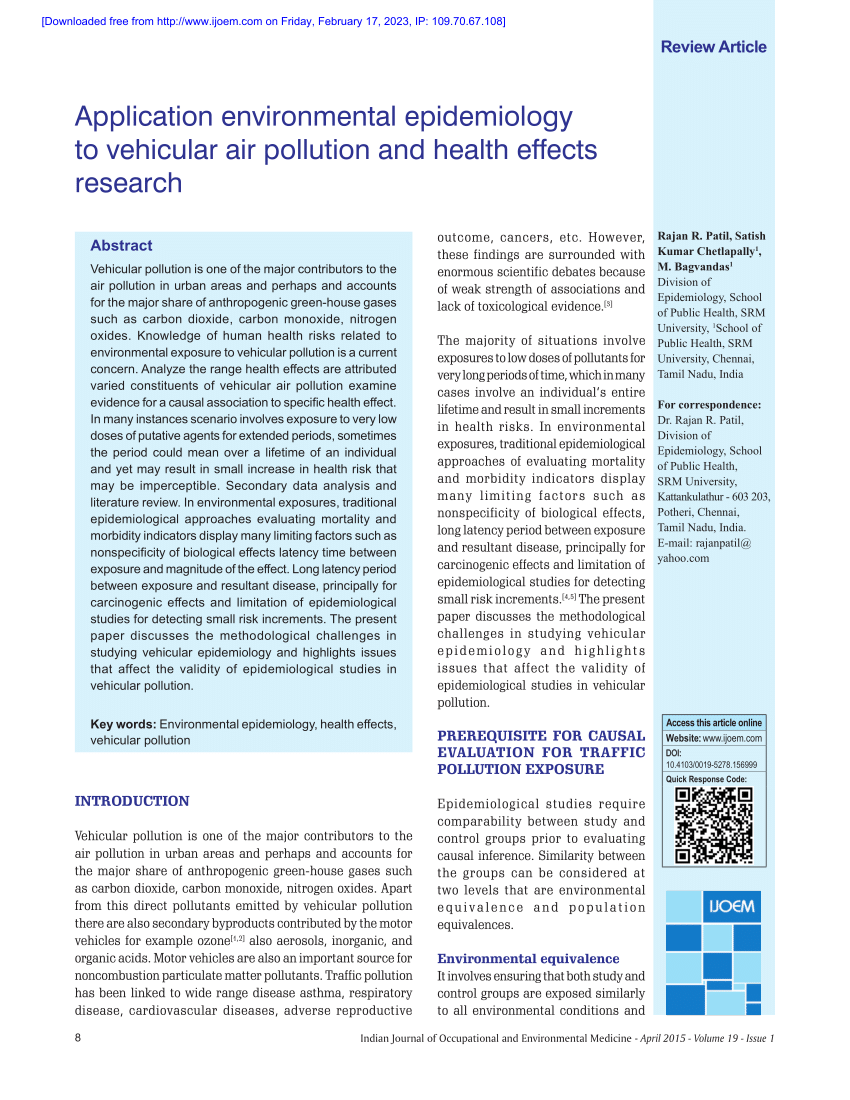 Pdf Application Environmental Epidemiology To Vehicular Air Pollution And Health Effects Research 7090