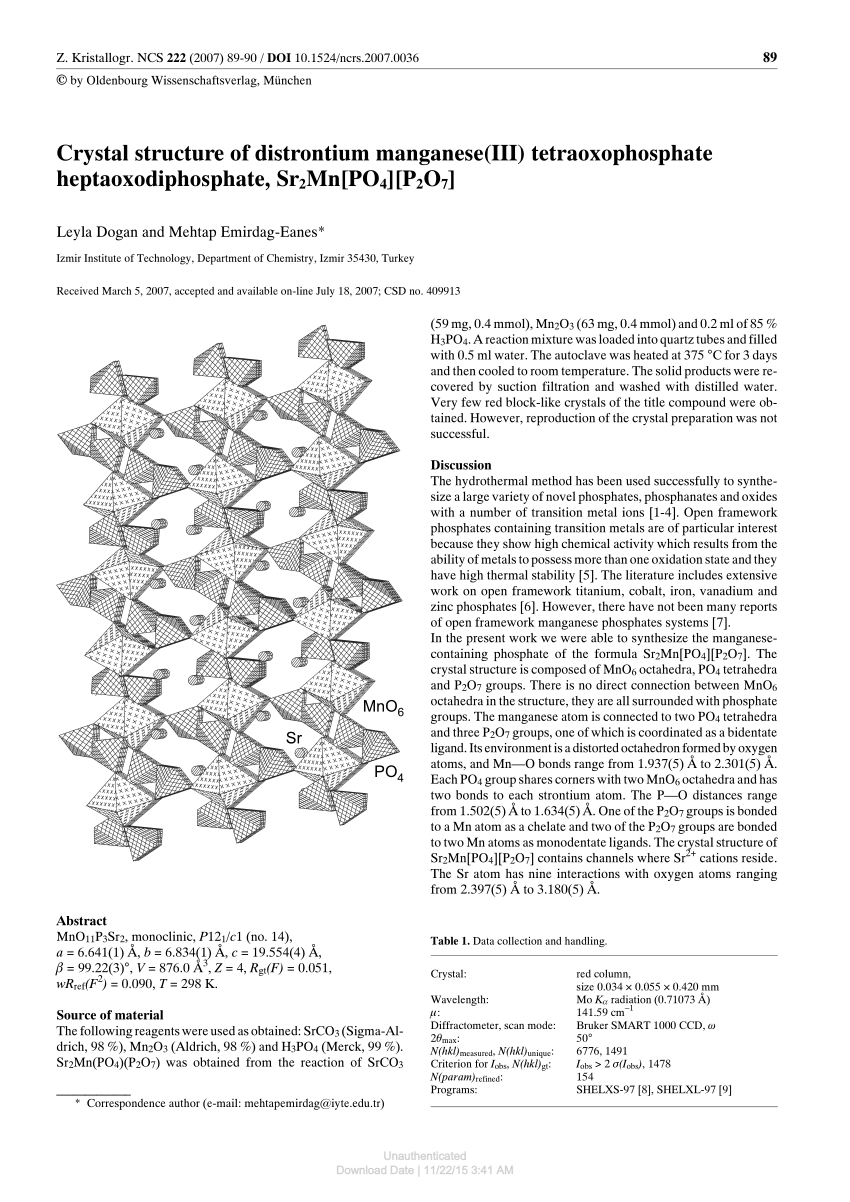 Pdf Crystal Structure Of Distrontium Manganese Iii Tetraoxophosphate Heptaoxodiphosphate Sr2mn Po4 P2o7