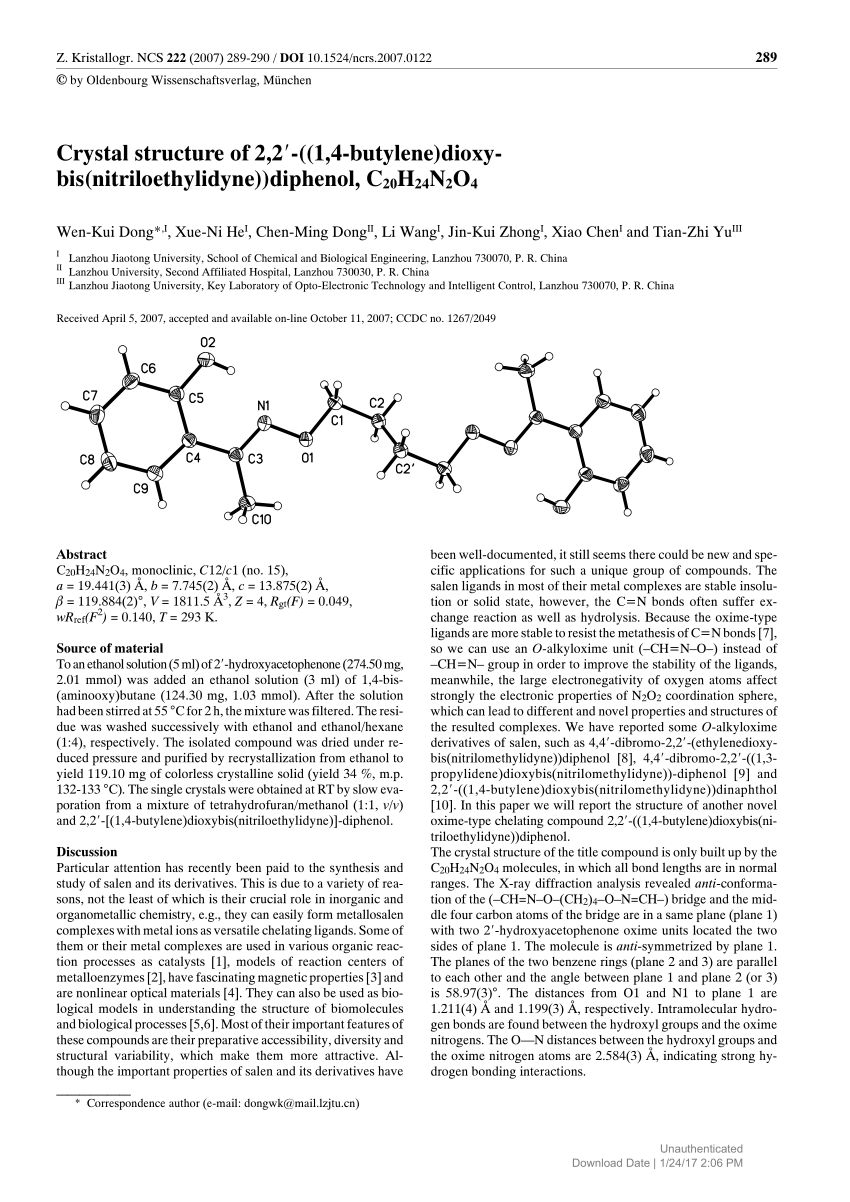 Pdf Crystal Structure Of 2 2 1 4 Butylene Dioxy Bis Nitriloethylidyne Diphenol Ch24n2o4