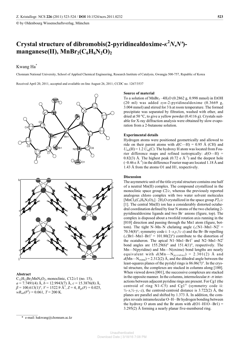 PDF) Crystal structure of dibromobis(2-pyridinealdoxime-k2N,N
