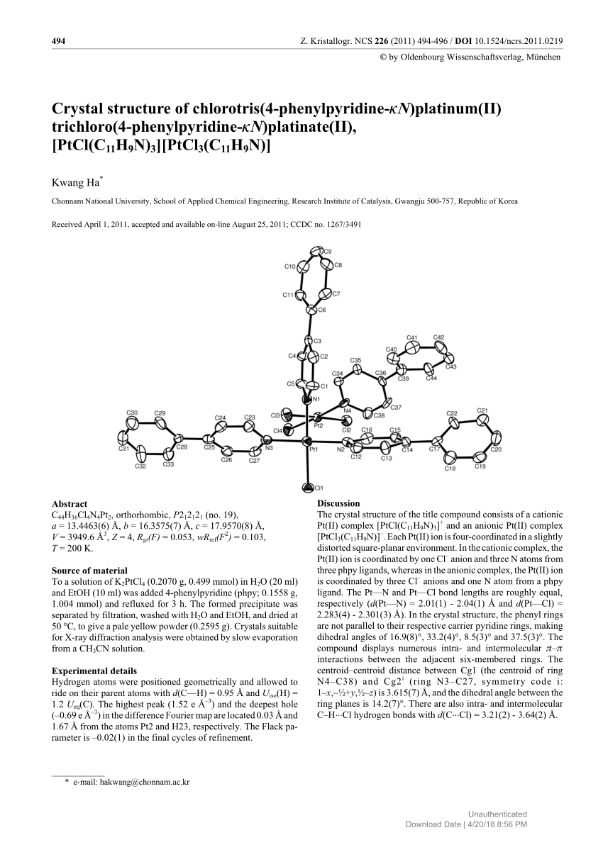 Pdf Crystal Structure Of Chlorotris 4 Phenylpyridine Kn Platinum Ii Trichloro 4 Phenylpyridine Kn Platinate Ii Ptcl C11h9n 3 Ptcl3 C11h9n