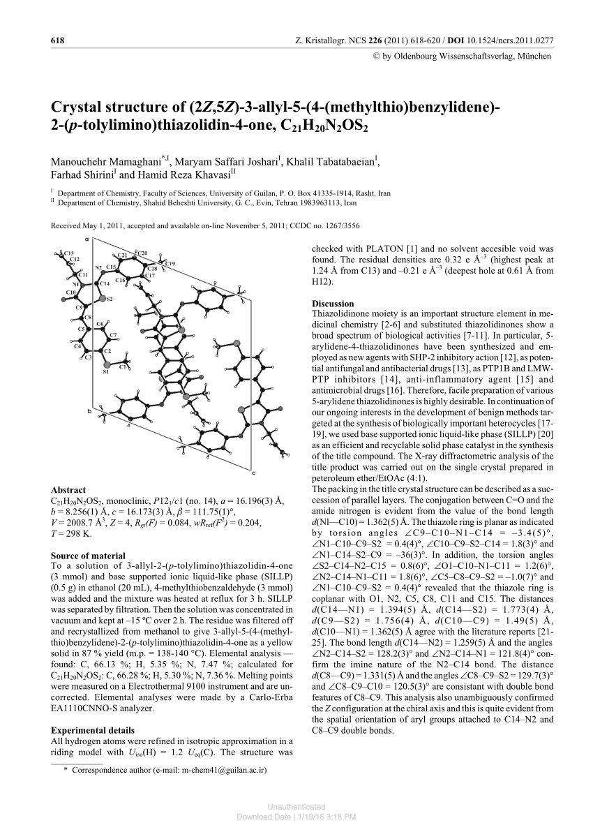 Pdf Crystal Structure Of 2z 5z 3 Allyl 5 4 Methylthio Benzylidene 2 P Tolylimino Thiazolidin 4 One C21hn2os2