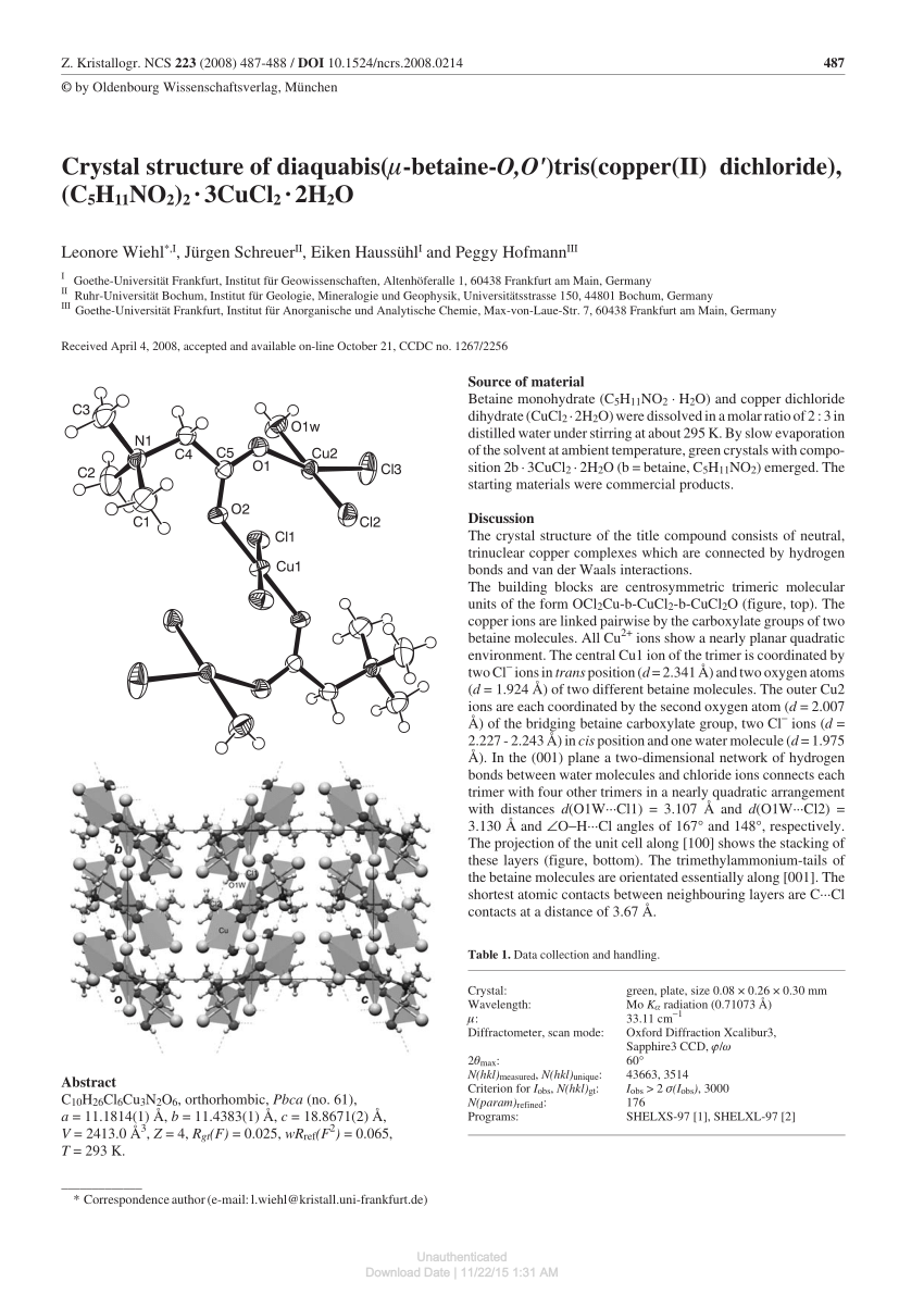 Pdf Crystal Structure Of Diaquabis M Betaine O O Tris Copper Ii Dichloride C5h11no2 2 3cucl2 2h2o