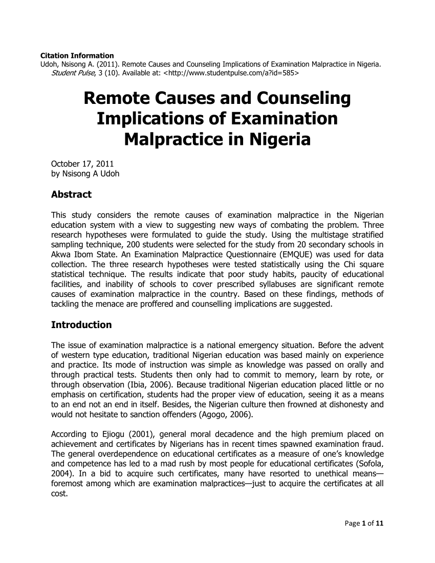 an essay on examination malpractice in nigeria
