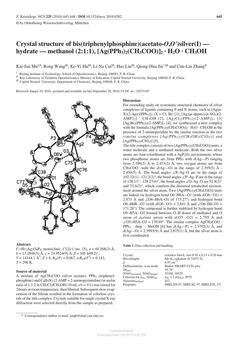 Pdf Crystal Structure Of Bis Triphenylphosphine Acetato O O Silver I Hydrate Methanol 2 1 1 Ag Pph3 2 Ch3coo 2 H2o Ch3oh
