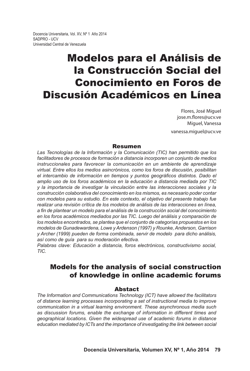 PDF) Modelos para el análisis de la construcción social del conocimiento en  foros de discusión académicos en línea