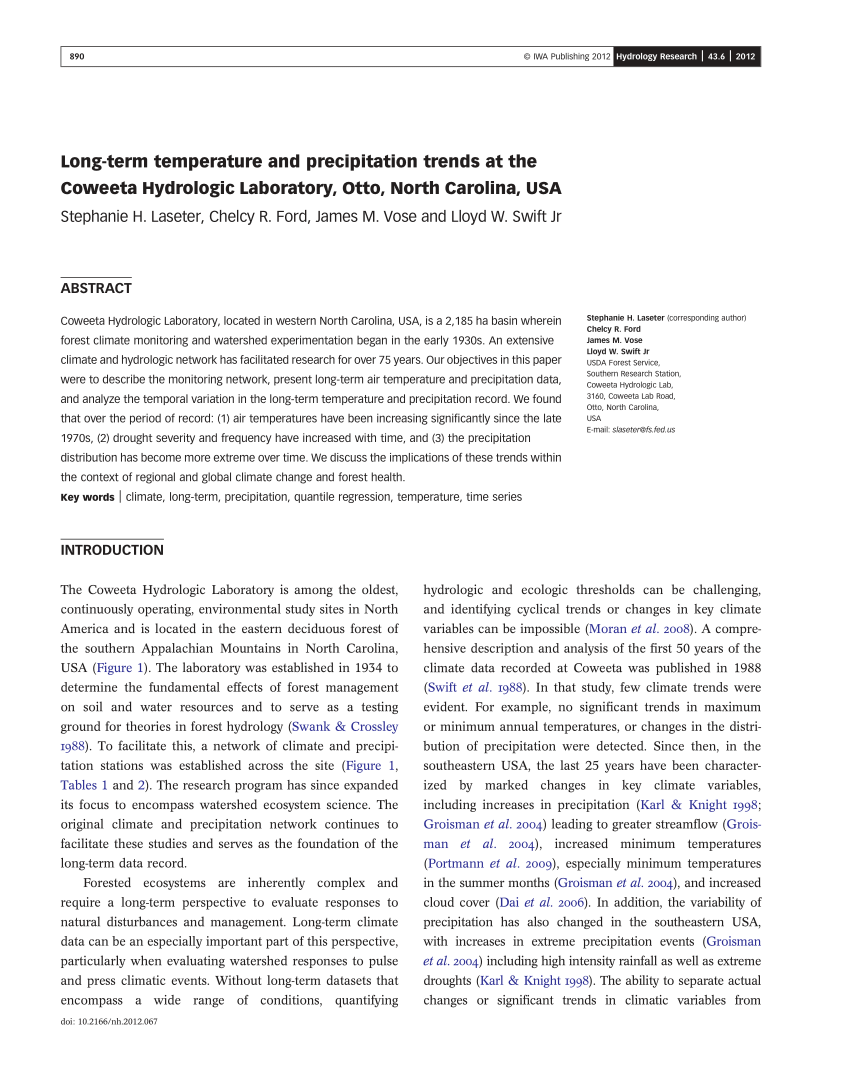 Pdf Long Term Temperature And Precipitation Trends At The Coweeta Hydrologic Laboratory Otto North Carolina Usa