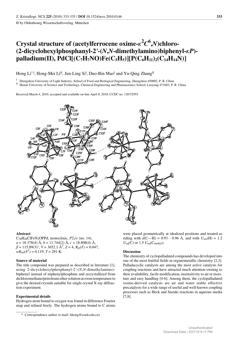 Pdf Crystal Structure Of Acetylferrocene Oxime Kappa C 2 6 N Chloro 2 Dicyclohexylphosphanyl 2 N N Dimethylamino Biphenyl Kappa P Palladium Ii Pdcl C7h7no Fe C5h5 P C6h11 2 C14h14n