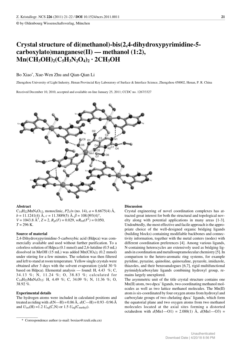 Pdf Crystal Structure Of Di Methanol Bis 2 4 Dihydroxypyrimidine 5 Carboxylato Manganese Ii Methanol 1 2 Mn Ch3oh 2 C5h3n2o4 2 2ch3oh