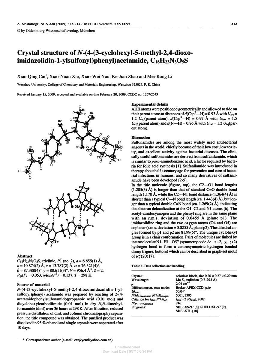 Pdf Crystal Structure Of N 4 3 Cyclohexyl 5 Methyl 2 4 Dioxoimidazolidin 1 Ylsulfonyl Phenyl Acetamide C18h23n3o5s