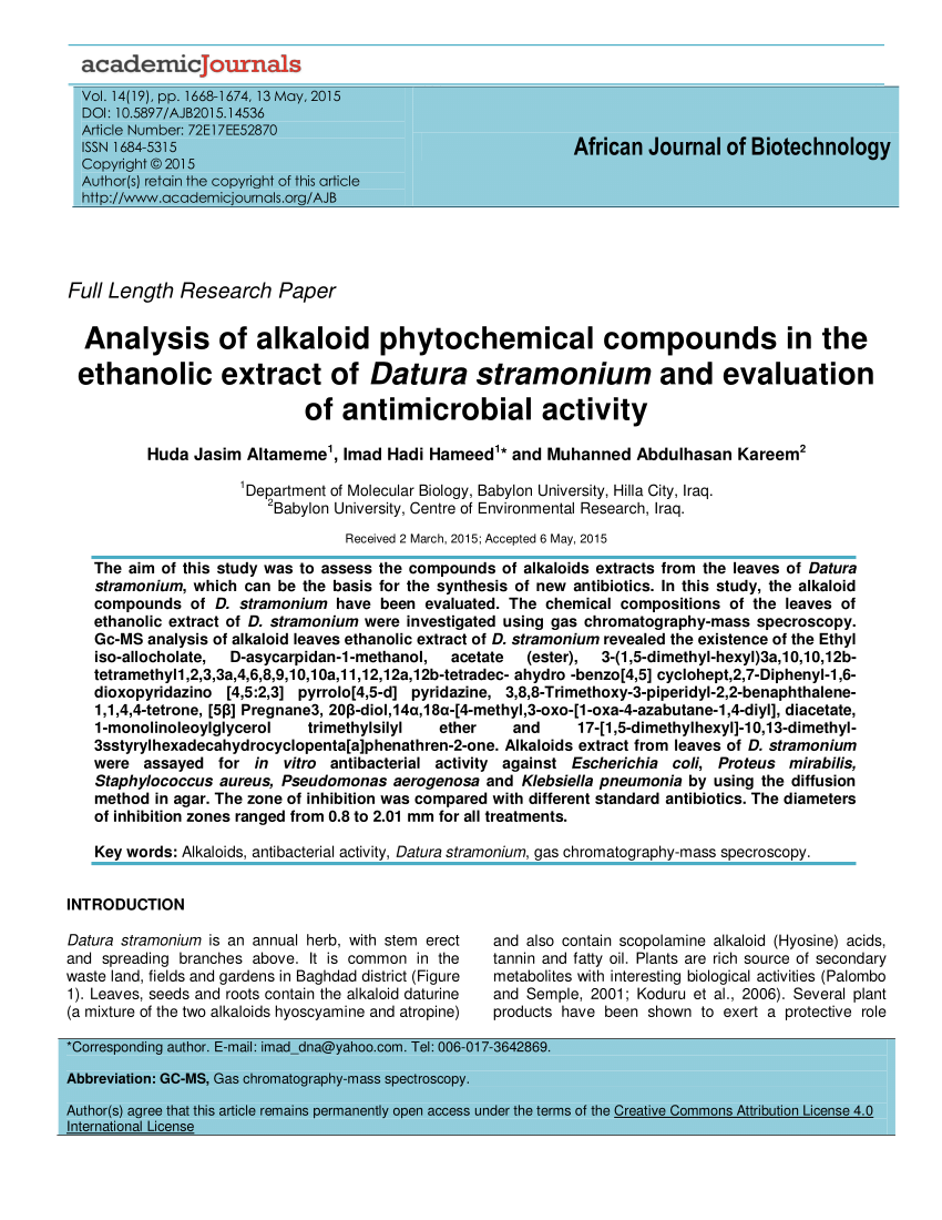 Pdf Analysis Of Alkaloid Phytochemical Compounds In The Ethanolic Extract Of Datura Stramonium And Evaluation Of Antimicrobial Activity