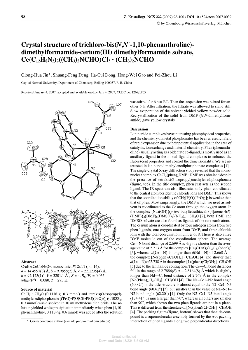Pdf Crystal Structure Of Trichloro Bis N N 1 10 Phenanthroline Dimethylformamide Cerium Iii Dimethylformamide Solvate Ce C12h8n2 2 Ch3 2ncho Cl3 Ch3 2ncho
