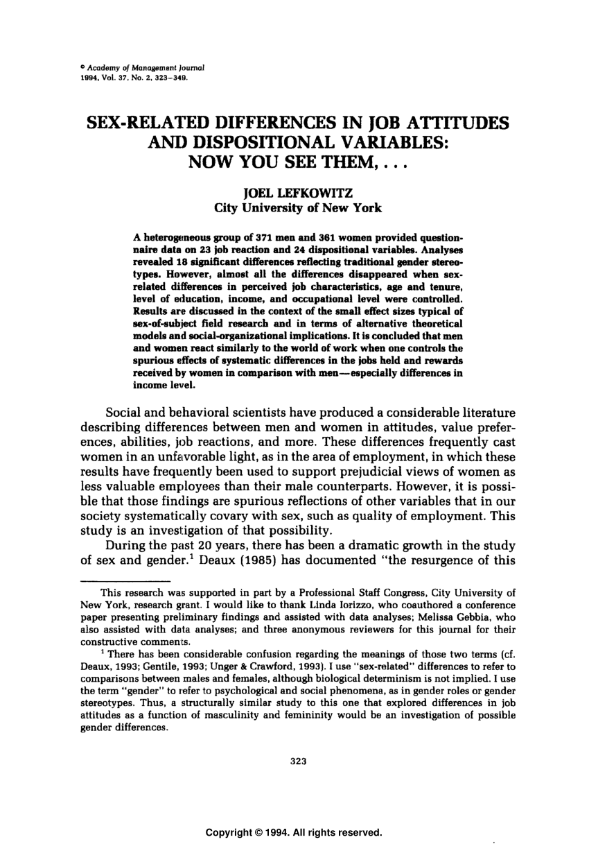 PDF) Sex-Related Differences in Job Attitudes and Dispositional Variables:  Now You See Them, …