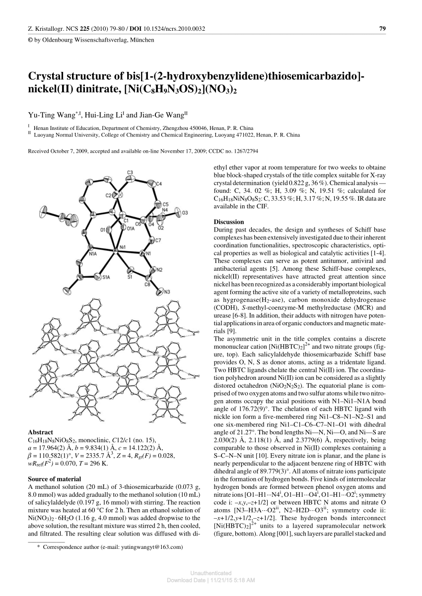 Pdf Crystal Structure Of Bis 1 2 Hydroxybenzylidene Thiosemicarbazido Nickel Ii Dinitrate Ni C8h9n3os 2 No3 2