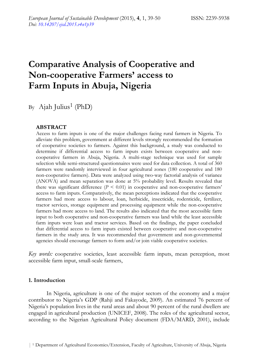 Pdf Comparative Analysis Of Cooperative And Non Cooperative Farmers Access To Farm Inputs In 1851