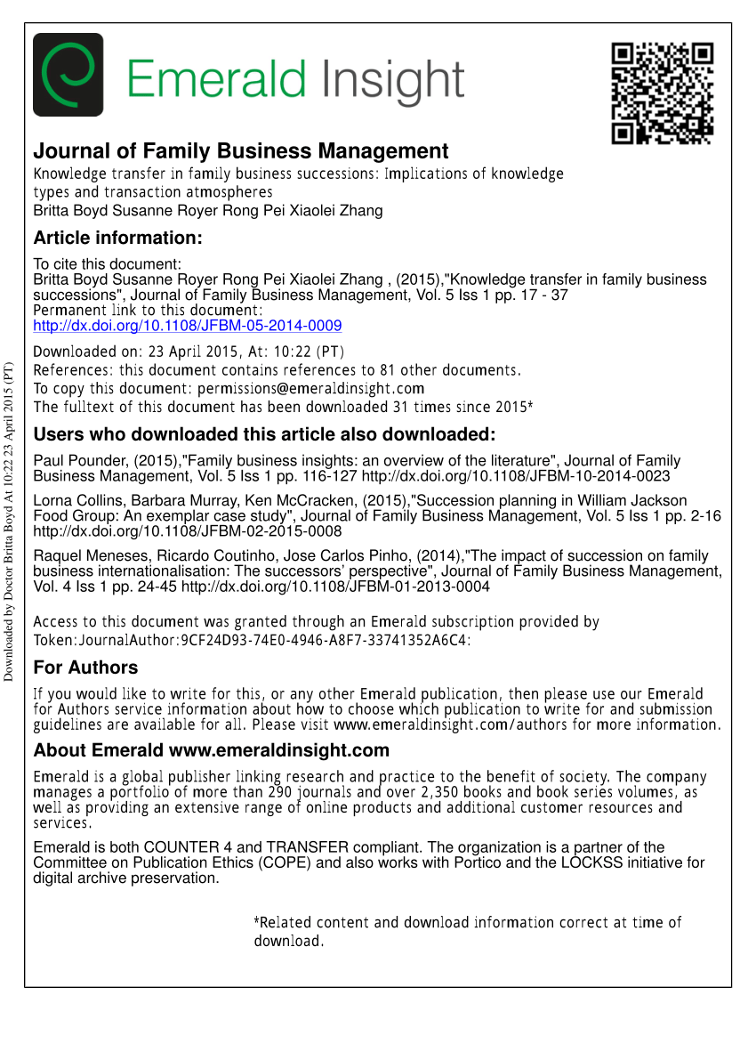 PDF) What do we know about succession in family businesses? Mapping current  knowledge and future territory