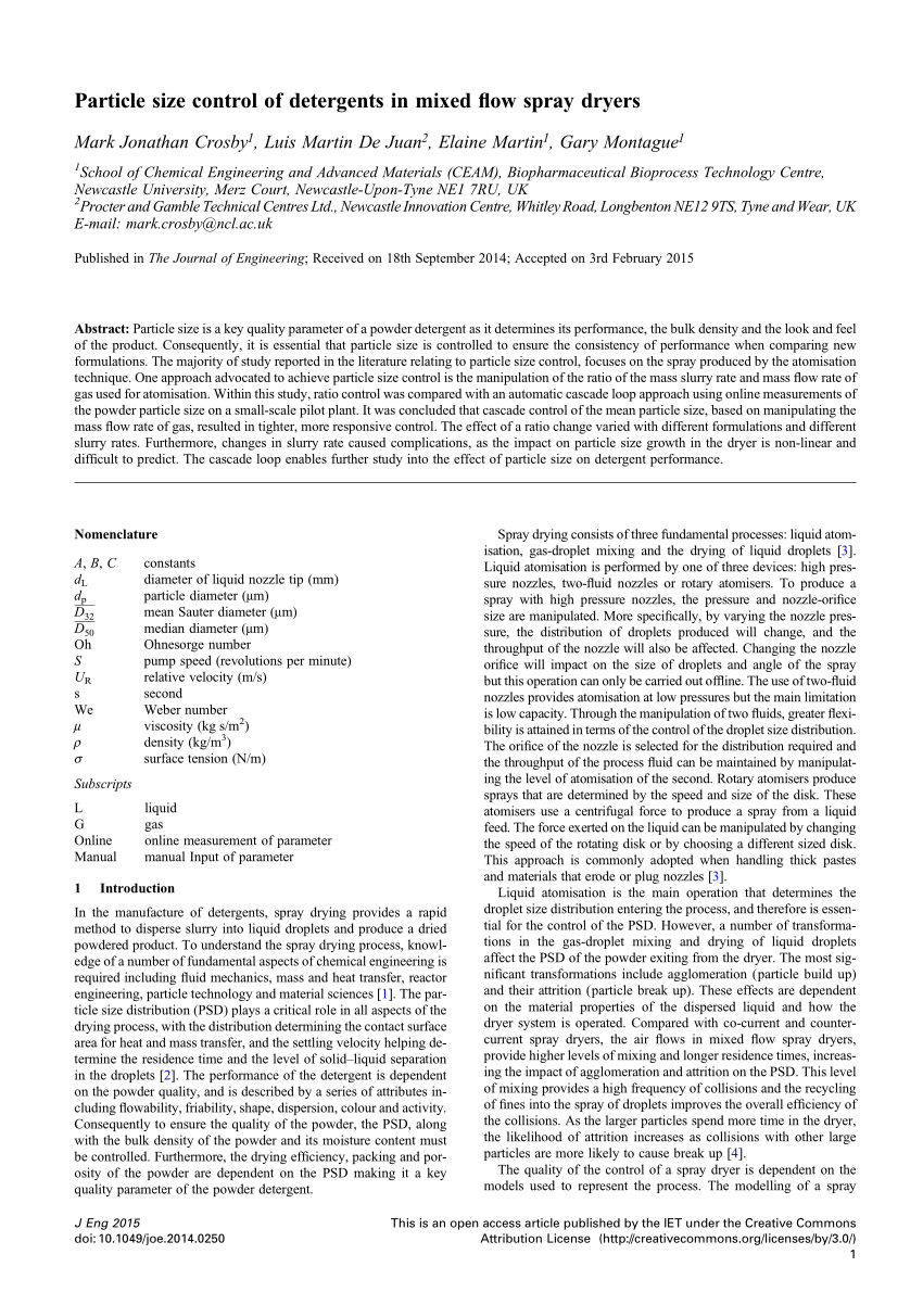 PDF) Particle size control of detergents in mixed flow spray dryers