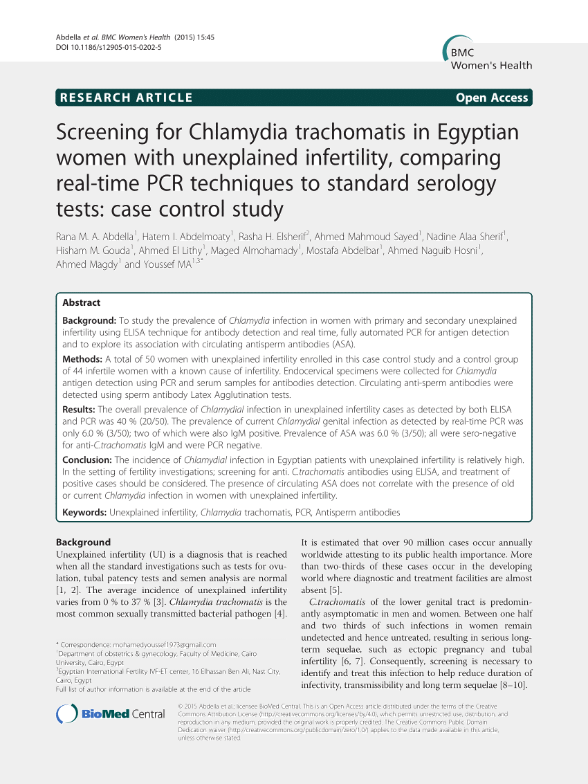Pdf Screening For Chlamydia Trachomatis In Egyptian Women With Unexplained Infertility 8137