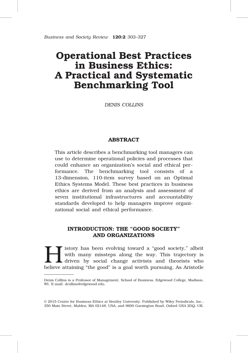 Pdf Operational Best Practices In Business Ethics A Practical And Systematic Benchmarking Tool