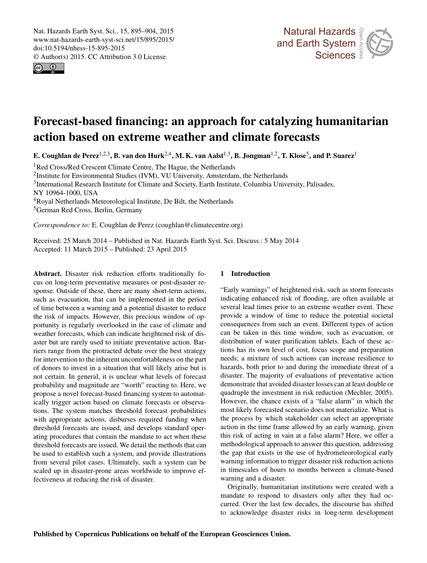 Pdf Forecast Based Financing An Approach For Catalyzing Humanitarian Action Based On Extreme Weather And Climate Forecasts