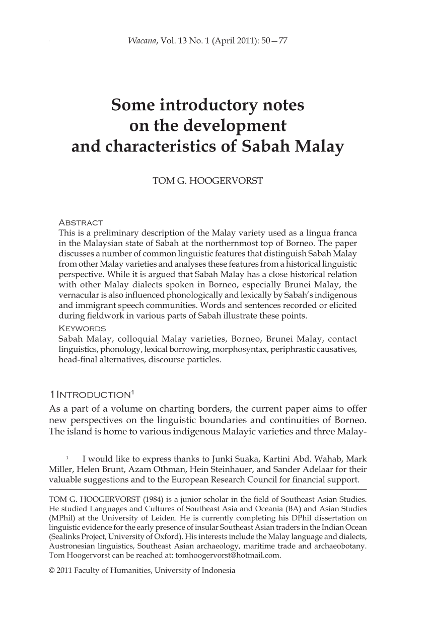 Pdf Some Introductory Notes On The Development And Characteristics Of Sabah Malay