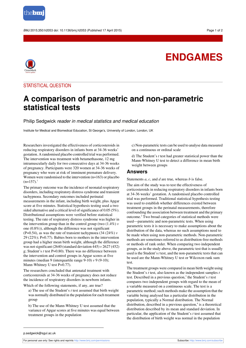 Pdf A Comparison Of Parametric And Non Parametric Statistical Tests