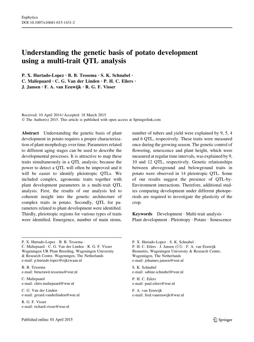 Pdf Understanding The Genetic Basis Of Potato Development Using A Multi Trait Qtl Analysis