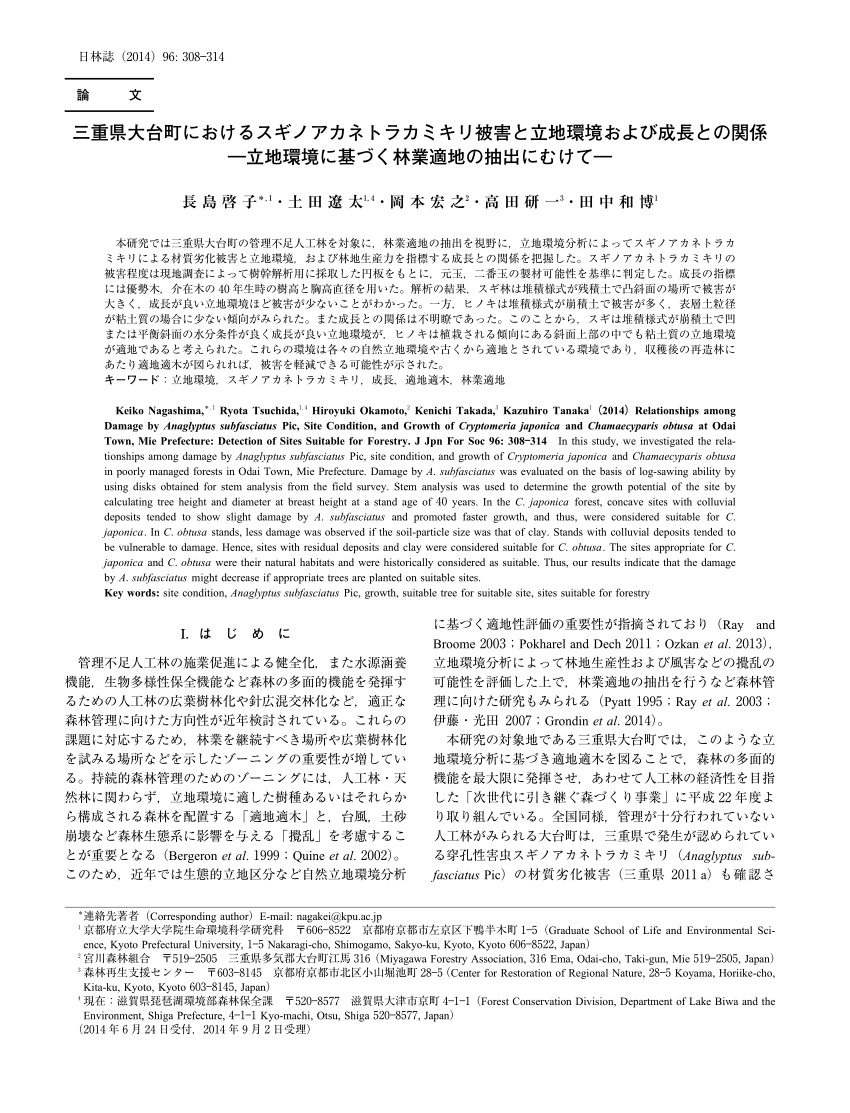 Pdf Relationships Among Damage By Anaglyptus Subfasciatus Pic Site Condition And Growth Of C Ryptomeria Japonica And Chamaecyparis Obtusa At Odai Town Mie Prefecture Detection Of Sites Suitable For Forestry
