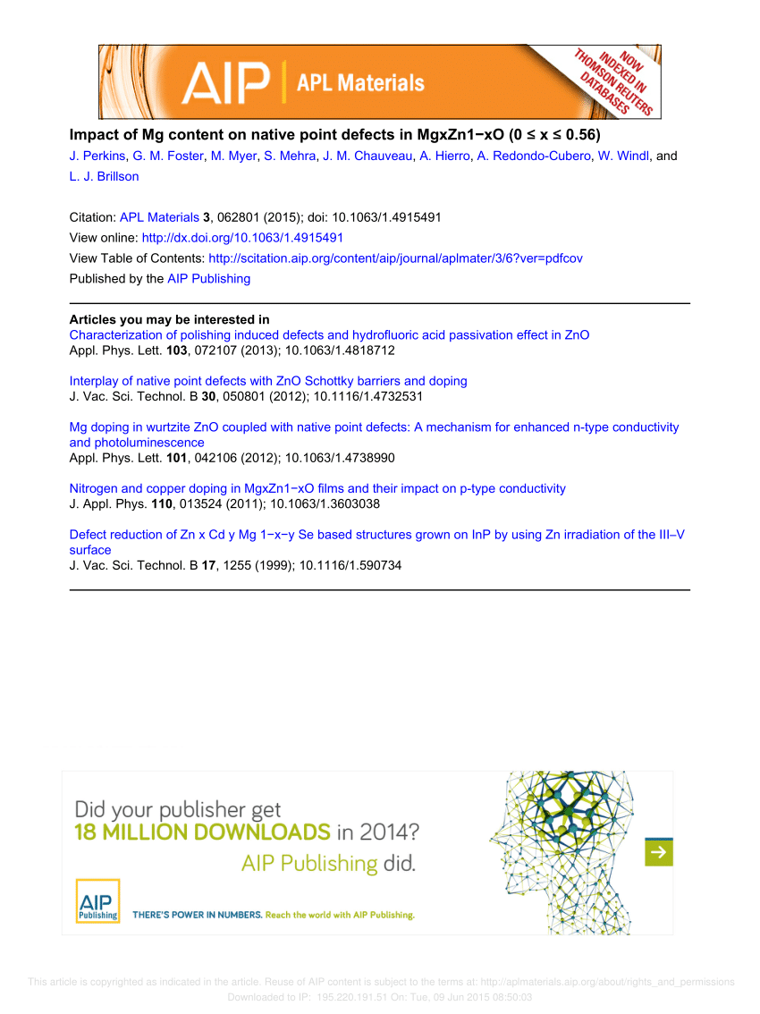 Pdf Impact Of Mg Content On Native Point Defects In Mgxzn1 Xo 0 X 0 56