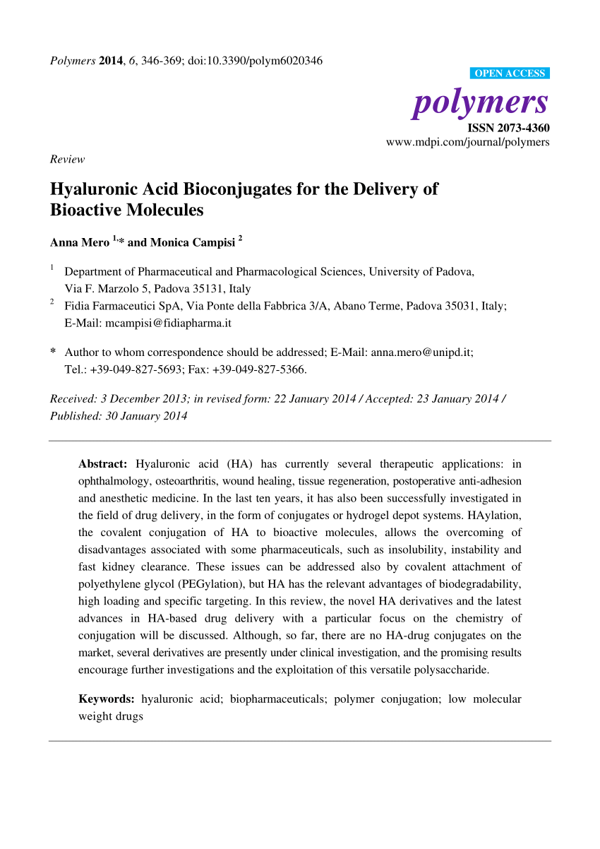 Pdf Hyaluronic Acid Bioconjugates For The Delivery Of Bioactive Molecules