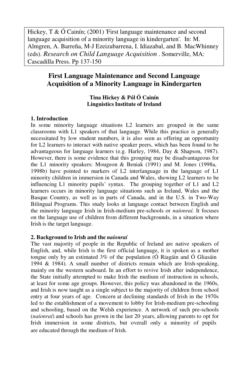 Pdf First Language Maintenance And Second Language Acquisition Of A Minority Language In Kindergarten