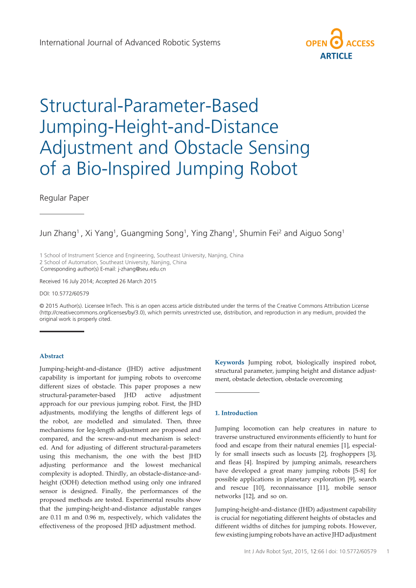 Pdf Structural Parameter Based Jumping Height And Distance Adjustment And Obstacle Sensing Of A Bio Inspired Jumping Robot Regular Paper