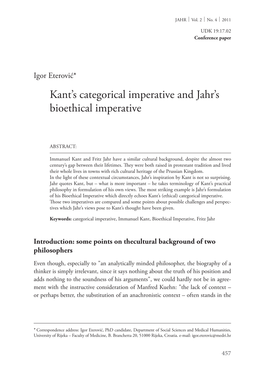 Pdf Kant S Categorical Imperative And Jahr S Bioethical Imperative