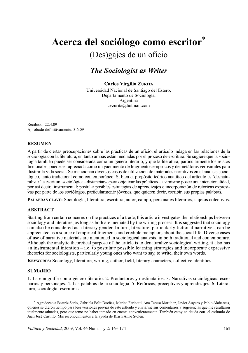 Pdf Acerca Del Sociologo Como Escritor Des Gajes De Un Oficio