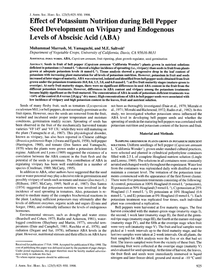 (PDF) Effect of Potassium Nutrition during Bell Pepper Seed Development