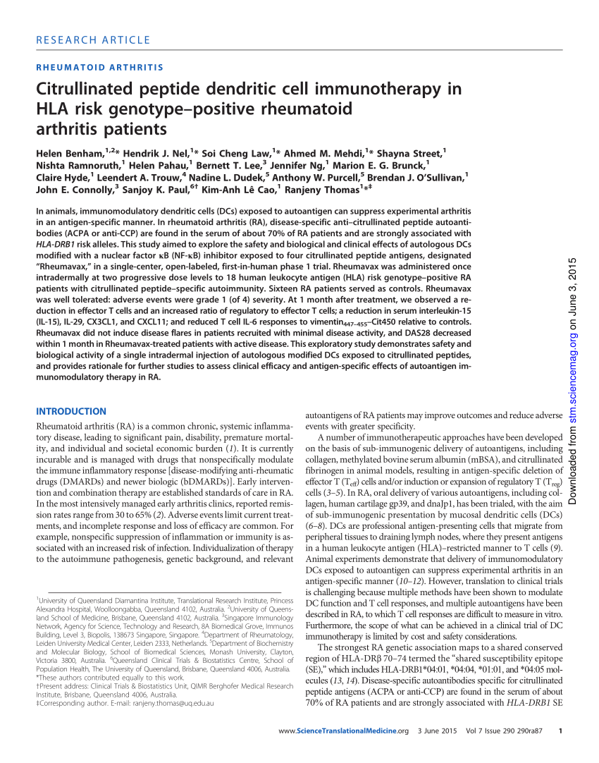 Pdf Citrullinated Peptide Dendritic Cell Immunotherapy In Hla Risk Genotype Positive Rheumatoid Arthritis Patients