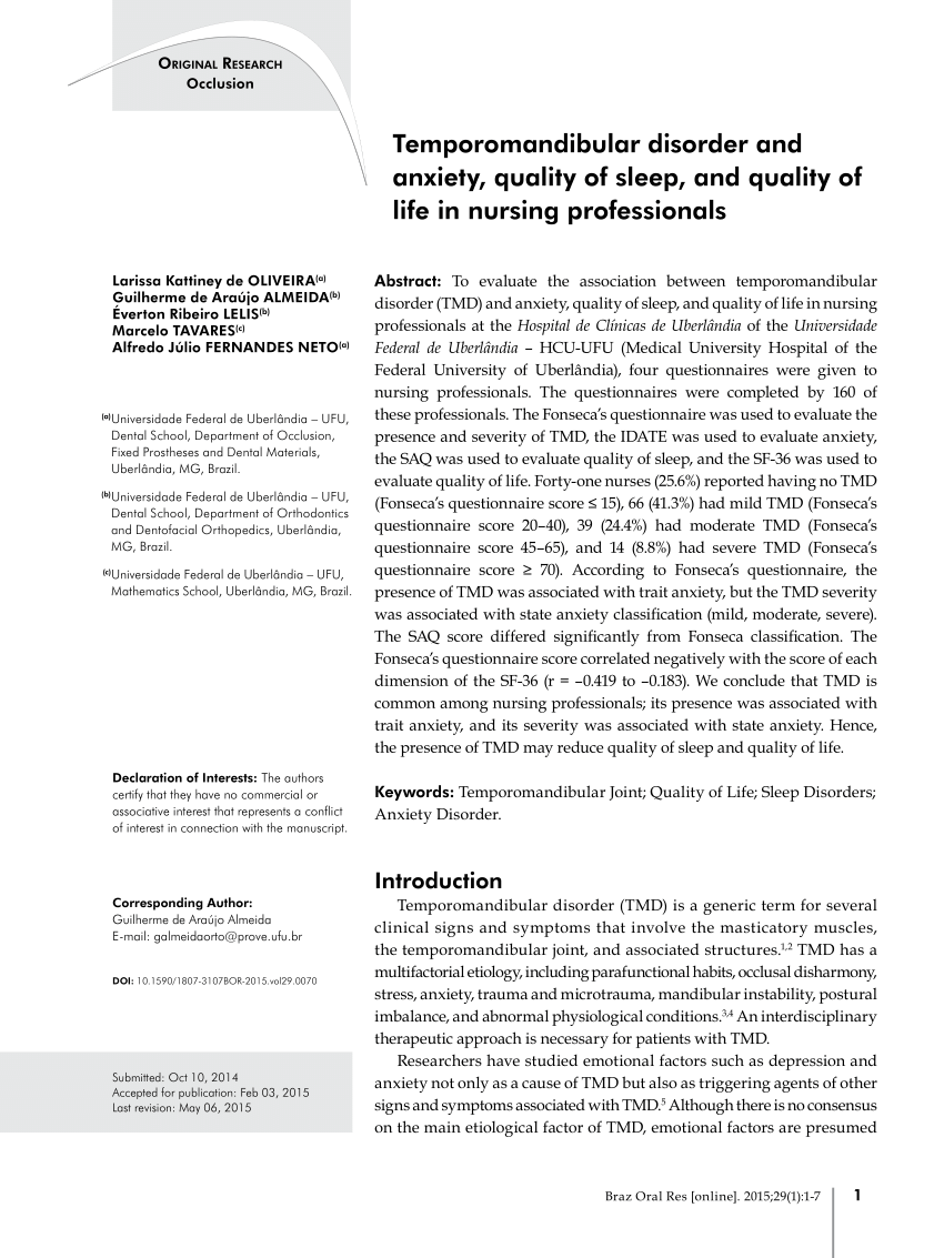 PDF Temporomandibular disorder and anxiety quality of sleep and  