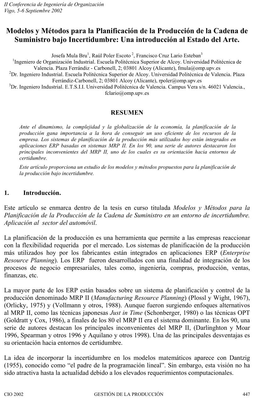 PDF) Modelos y Métodos para la Planificación de la Producción de la Cadena  de Suministro bajo Incertidumbre: Una introducción al Estado del Arte.