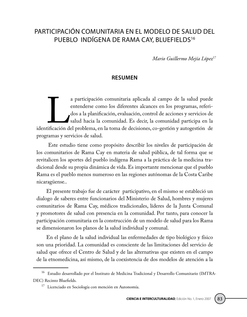 PDF) PARTICIPACIÓN COMUNITARIA EN EL MODELO DE SALUD DEL PUEBLO INDÍGENA DE  RAMA CAY, BLUEFIELDS