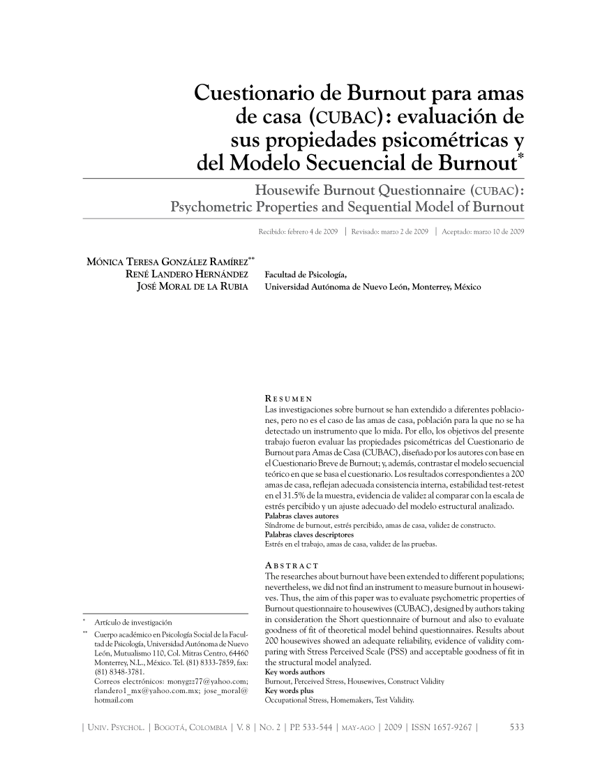 Pdf Cuestionario De Burnout Para Amas De Casa Cubac Evaluacion De Sus Propiedades Psicometricas Y Del Modelo Secuencial De Burnout