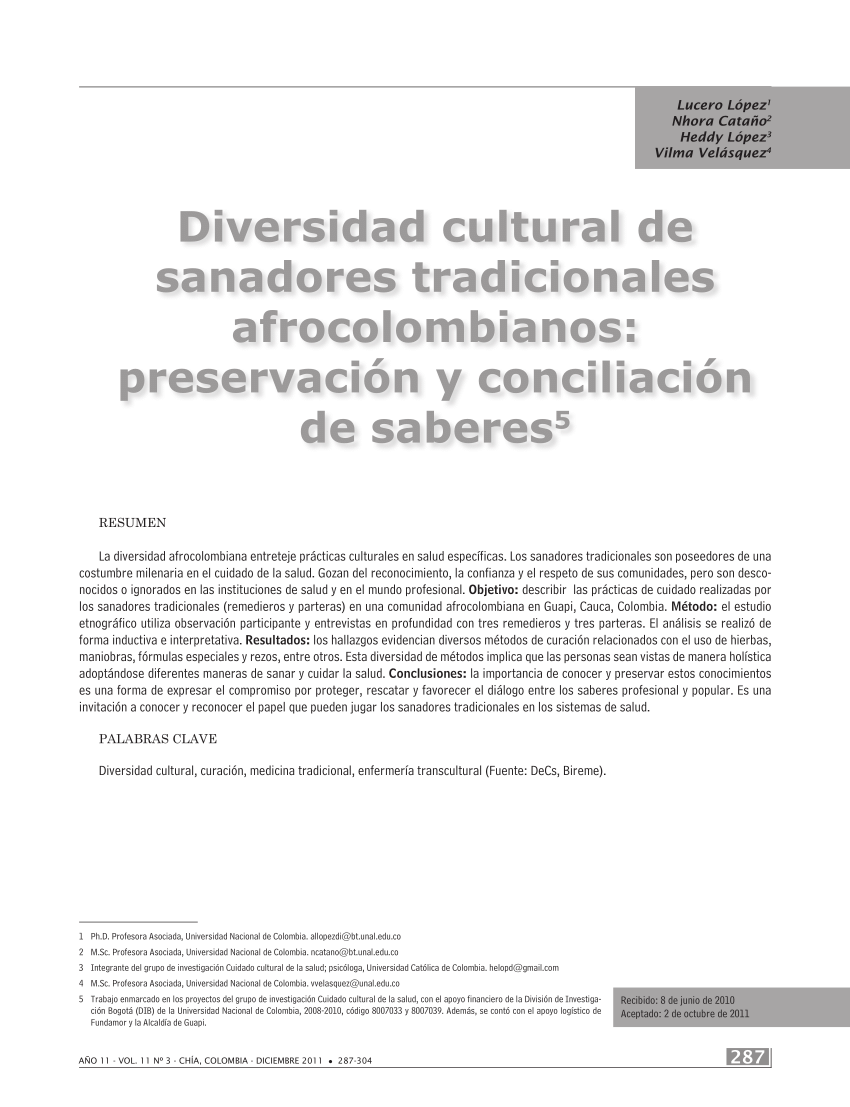 Pdf Diversidad Cultural De Sanadores Tradicionales Afrocolombianos Preservacion Y Conciliacion De Saberes