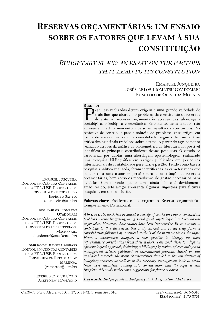 Pdf Reservas Orcamentarias Um Ensaio Sobre Os Fatores Que Levam A Sua Constituicao