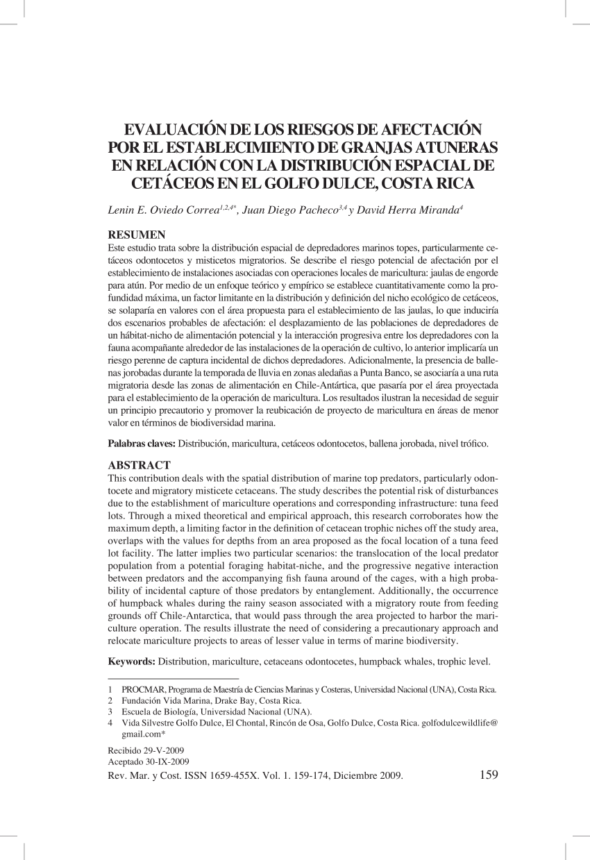 Pdf Evaluacion De Los Riesgos De Afectacion Por El Establecimiento De Granjas Atuneras En Relacion Con La Distribucion Espacial De Cetaceos En El Golfo Dulce Costa Rica