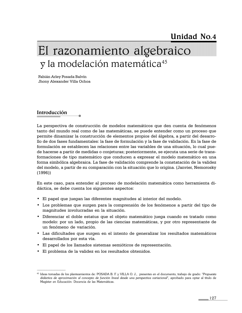 PDF) El razonamiento algebraico y la modelación matemática