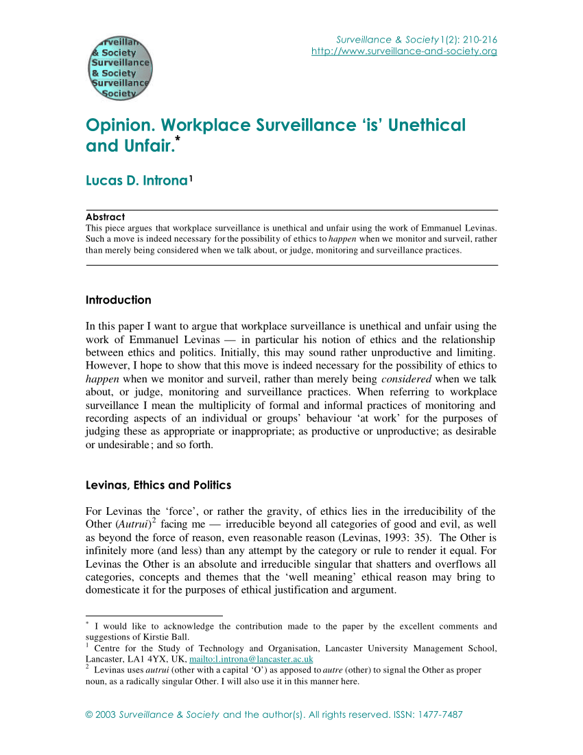 Pdf Workplace Surveillance Is Unethical And Unfair