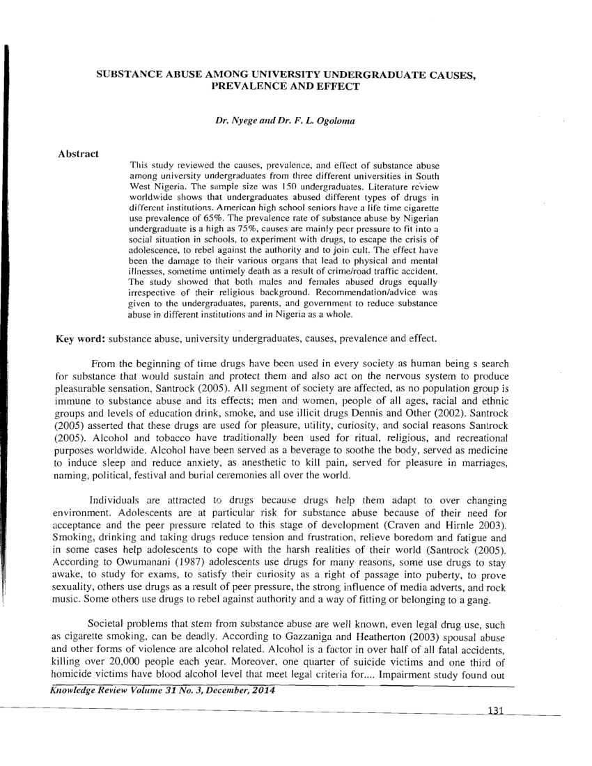 (PDF) SUBSTANCE ABUSE AMONG UNIVERSITY UNDERGRADUATE CAUSES, PREVALENCE