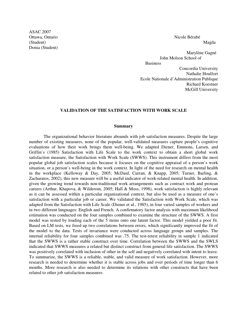 Pdf Validation Of The Satisfaction With Work Scale