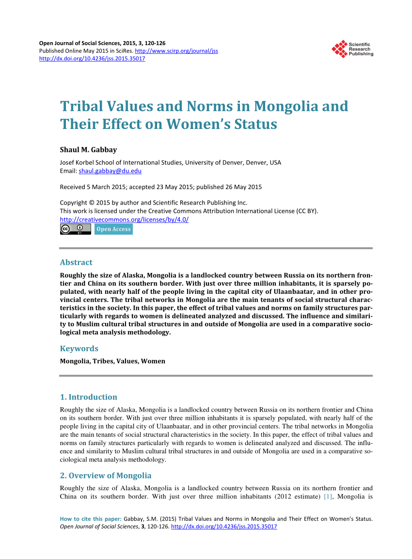 Pdf Tribal Values And Norms In Mongolia And Their Effect On Womens Status 