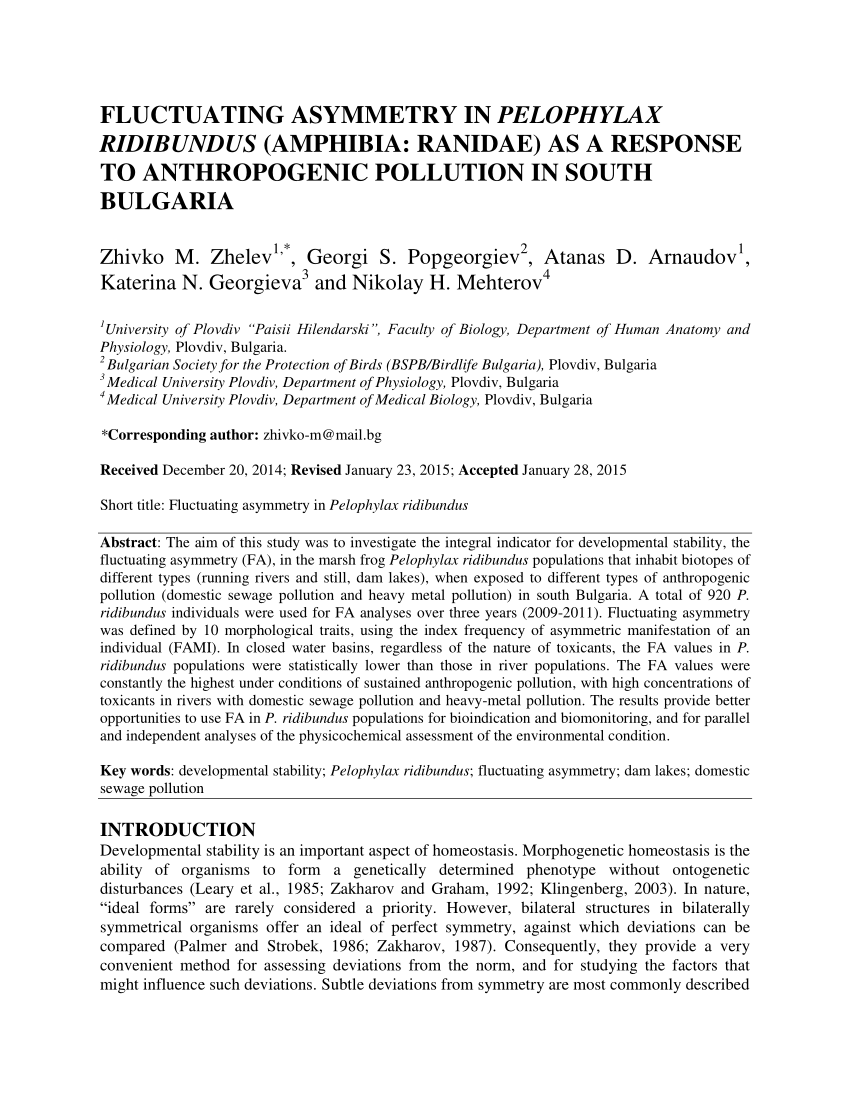 Pdf Fluctuating Asymmetry In Pelophylax Ridibundus Amphibia Ranidae As A Response To 1357