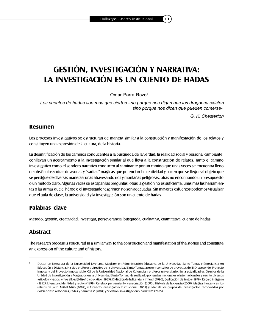 PDF) GESTIÓN, INVESTIGACIÓN Y NARRATIVA: LA INVESTIGACIÓN ES UN CUENTO DE  HADAS